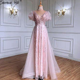 Pink Luxury Overskirt Evening Dresses Gowns Beaded Puffy Short Sleeves 2025 For Women Party LA71361