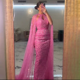 Luxury Dubai Mermaid Fuchsia Evening Dresses with Cape Sleeves LA71817