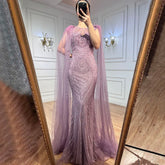 Pink Mermaid Elegant Cape Sleeves Evening Dresses Gowns 2025 Luxury Feathers Beaded For Women Party LA71709