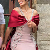 Luxury Arabic Pink Burgundy Mermaid Evening Dress with Cape LA72121