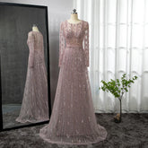 Pink Mermaid Elegant O-Neck Long SleevesEvening Dresses Gowns Luxury Beaded 2025 For Woman Party LA71696
