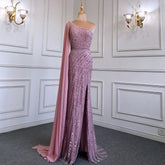Pink Mermaid Elegant One-Shoulder Cape Sleeve Evening Dresses Gowns 2025 High Split Luxury Beaded LA71708