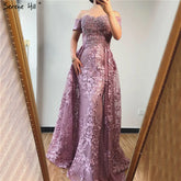 Pink Mermaid Elegant Short Sleeve Flowers Evening Dresses 2025 Dubai Sexy Off Shoulder Lace Crystal Gowns LA70200