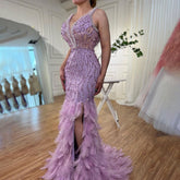 Pink Mermaid Sexy High Split V Neck Evening Dresses Feather Beaded Gowns Long 2025 For Women Wedding Party LA72152