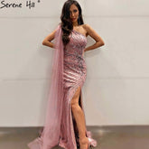 Pink Mermaid Split Evening Dresses Gowns 2025 One Shoulder Elegant Cape Sleeve For Women Party LA71195