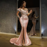 Pink Satin Mermaid Muslim Evening Dresses Gowns 2025 Beaded Elegant Luxury For Women Party LA71530
