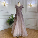 Purple A-Line Sexy V Neck Beaded Feather Arabic Evening Dresses Gowns 2025 For Women Elegant Party LA71805A