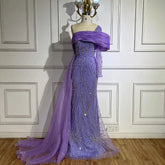Purple Arabic Evening Dress Side Train Pearls One Shoulder for Women's Formal Prom Wedding Party Gowns 2025 LA72332A