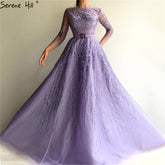 Purple Beading Sashes A-Line Evening Dresses Gowns 2025 Long Sleeves Luxury Elagant For Women Party LA70138