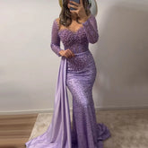 Purple Mermaid Elegant With Overskirt Luxury Pearls Beaded Evening Dresses Gowns for Women Wedding Party LA72429