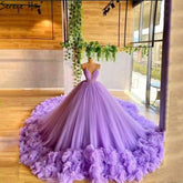 Purple Puffy Flowers Luxury Sleeveless Wedding Dresses 2025 Spaghetti Strap Sexy Tulle Bridal Gown HA2487