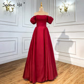 Red A-Line Satin Evening Dresses Gowns 2025 Simple Off Shoulder Sexy For Women Party LA71286