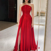 Red Chiffon Elegant Srapless with Split Evening Dress Luxury Dubai Arabic Women Wedding Prom Party Gowns 2025 LA72537