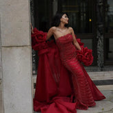 Red Long Cape Mermaid Evening Dresses Gowns with Puff Sleeves Beaded Overskirt and Design for Women's Party LA72585