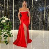 Red Mermaid Kralen Avond Jurken 2025 Elegante Overrok Hoge Split Voor Vrouwen Party LA71581