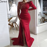 Red Mermaid Split Evening Dresses Gowns 2025 Satin Beading Elegant Sexy For Women Party LA70992