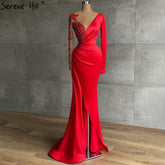 Red Muslim Mermaid Split Evening Dresses Gowns 2025 Satin Beading Elegant For Women Party LA71032