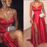 Red Spaghetti Strap Sexy Evening Dresses 2025 Soft Satin High Split A-Line For Women Party LA71208