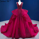 Rose Red Ruffles Wedding Dresses 2025 Beaded V-Neck Luxury Bride Gowns HM67376 Custom Made