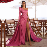 Rose Simple Satin Sexy Evening Dresses Gowns 2025 One Shoulder A-Line High Split For Women Party LA70876