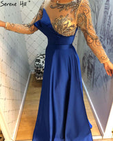 Royal Blue Long Sleeve Satin Evening Dresses Gowns 2025 Beaded Sashes A-Line For Women Party LA71457