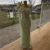Sage Green Mermaid One Shoulder Pearls Luxury Dubai Arabic Evening Dresses Gowns For Women Wedding Party LA72511