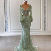 Sexy Mint Mermaid Elegant V-Neck Beaded Luxury Arabic Shiny Evening Dresses Gowns For Women Party 2025 LA71784