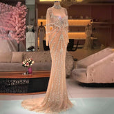 Sexy Sliver Nude Mermaid Elegant Arabic Full Sleeve Evening Dresses Gowns Luxury Tassel Beaded 2025 Party LA71716