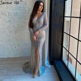 Silver Blue Mermaid Split Evening Dresses Gowns 2025 Beaded Elegant Luxury For Women Party LA71392