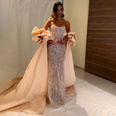 Silver Crystal Sexy Strapless Mermaid Sparkly Short Puff Sleeves Evening Dresses Gowns For Women Party 2025 LA71808