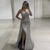 Silver Luxury One Shoulder Evening Dresses Gowns 2025 Beaded Elegant Mermaid For Women Party LA71662