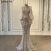 Silver Mermaid Luxury Beaded Evening Dress Gown Full Sleeves LA71036 (On Sale, No Return, No Refund)