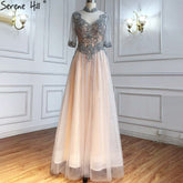 Silver Nude Luxury Evening Dresses Gowns 2025 Beaded A-Line Sexy For Woman Wedding Party LA71186