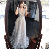 Silver Nude Luxury Evening Dresses Gowns 2025 Feathers Beading Sexy A-Line For Women Party LA70835