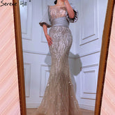 Silver Nude Luxury Mermaid Beaded Evening Dresses Gowns Puffy Sleeves Elegant For Women Party LA70809