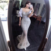 Silver Nude Luxury Mermaid Beading Evening Dresses Gowns Puffy Sleeves Elegant For Women Party LA70809