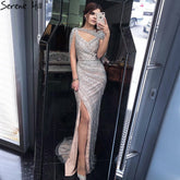 Silver Nude Luxury Mermaid Evening Dresses Gowns 2025 Beading Sparkle Elegant For Women Party LA70752