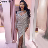 Vestido de noche elegante de sirena color plata nude con abertura alta y cuentas de lujo 2025 para mujer, fiesta LA70752L