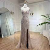 Silver Nude Mermaid Spaghetti with split Strap Beaded Evening Dresses Prom Gowns For Woman Party 2025 LA72047B