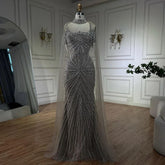 Spaghetti Strap Long Cloak Mermaid Silver Nude Beaded Luxury Evening Dresses Gowns for Women's Party 2025 LA72587
