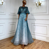 Turquoise Long Flare Sleeves Evening Dresses Gowns 2025 A-Line Luxury Beaded For Women Party LA70822