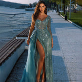 Turquoise Mermaid High Split Evening Dresses Gowns Sexy One-Shoulder Beaded Overskirt 2025 For Women Party LA71520