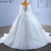 White Beaded Luxury Wedding Dresses 2025 Long Sleeves Lace Up Bride Gowns HM67382 Custom Made