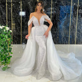White Luxury Detachable Skirt Evening Dresses Gowns 2025 Mermaid Beading Elegant For Women Party LA71106