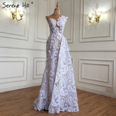 Robe de soirée sirène blanche avec jupe et plumes, élégante et formelle, en dentelle, pour femmes, modèle 2025, LA71143