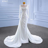 White Mermaid Satin Long Sleeves Lace Beaded Lace Up Bride Gowns Wedding Dress 2025 High End Custom Made HM67457