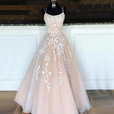 White Nude A-Line Prom Dresses 2025 Crystal Lace Flower Spaghetti Strap Graduation School Party Gown LA70506