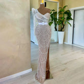 White Nude Mermaid One Shoulder High Split Beaded Luxury Evening Dresses Gowns For Women Wedding Party 2025 LA72269