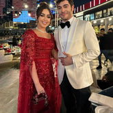 Wine Red Mermaid Evening Dresses Gowns 2025 with Beaded Cape Sleeves Design for Women's Wedding Party LA72355