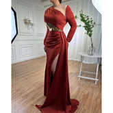 Wine Red Mermaid High Split Satin Evening Dresses Gowns 2025 Elegant O Neck For Women Party LA71285A